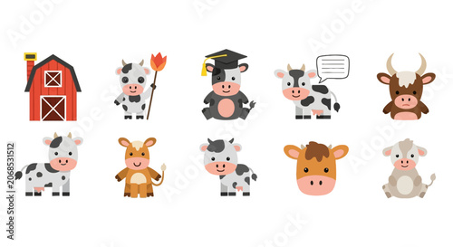 Tableau sur toile Cute cow characters and farm barn set