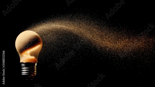 Abstract light bulb concept with golden particle swirls against dark background, representing creative energy, dramatic directional lighting,