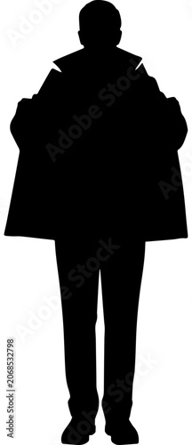 Foto Black Silhouette of a Man Wearing and Opening a Large Trench Coat Isolated on Wh