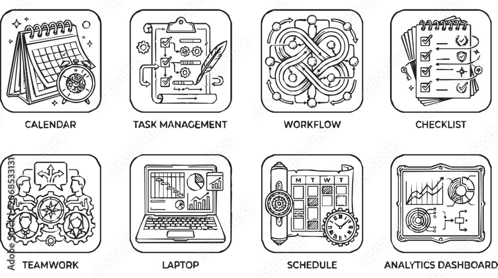 Fototapeta premium business and productivity management concepts illustrated with line art icons for essential task checklists and analytics.