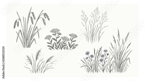 Hand drawn wild grass and meadow flowers vector set, vintage botanical line art illustrations, rustic field plants and weeds for wedding stationery
