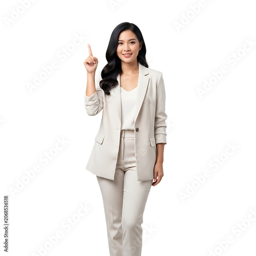 Professional asian businesswoman pointing upward isolated on transparent background