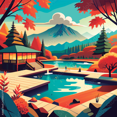 Autumn Japanese garden with mountain view.