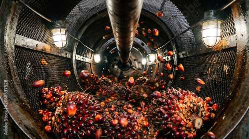 Industrial palm oil processing inside a rotating drum with fresh fruit bunches being tumbled and cleaned
