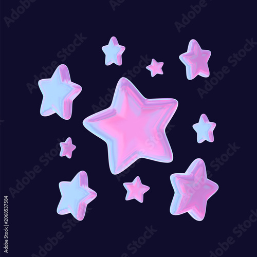 Vászonkép 3D holographic stars with iridescent pink and blue gradients scattered on a dark background, set of glossy translucent glass stars for cosmic and Y2K themed graphic design projects