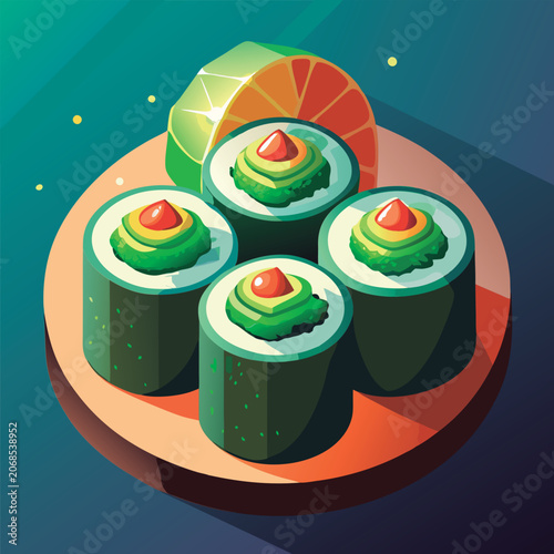 Vector illustration of a Appetizing avocado sushi rolls.