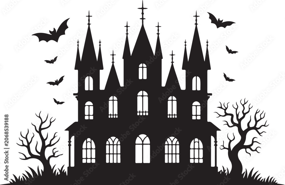 Fototapeta premium Silhouette of a haunted house with bats and bare trees