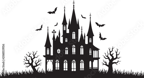 Haunted house silhouette with bats and dead trees