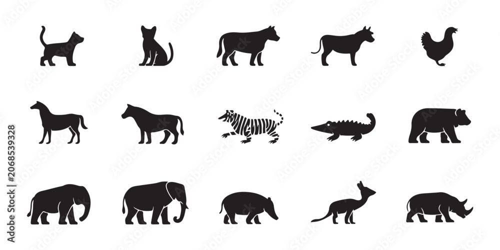 Obraz premium Collection of animal silhouettes on a transparent background, diverse wildlife and domestic creatures, nature.
