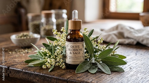 Essential Oil Bottle with Olive Blossom and Sage Leaves on Rustic Table.