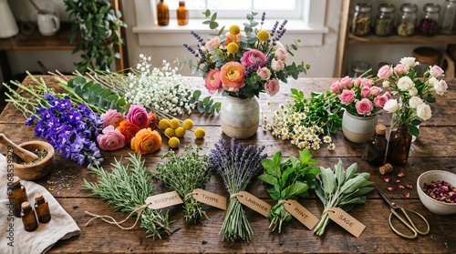 Fresh Floral Arrangement and Culinary Herbs Workshop on Rustic Wooden Table.