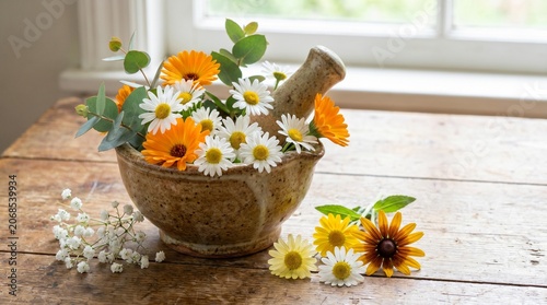 Fresh herbal remedy with calendula and chamomile flowers in a stone mortar.