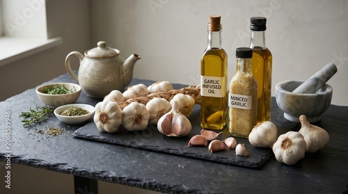 Fresh Garlic Bulbs and Infused Olive Oil on Slate Table.