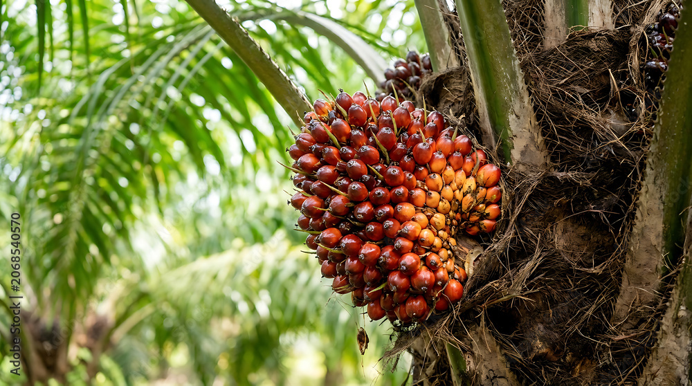 Fototapeta premium Fresh red oil palm fruit bunch hanging on a tree in a tropical plantation