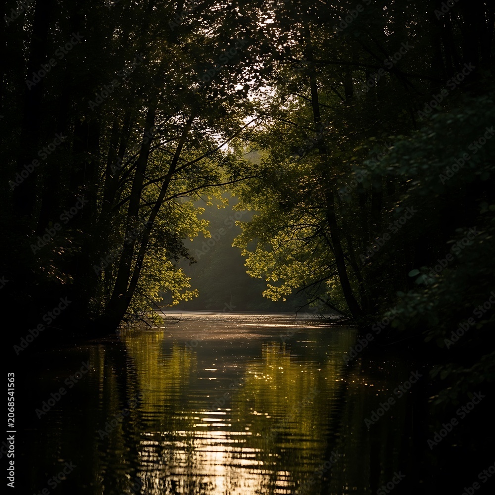 Obraz premium Sunlight filtering through trees onto a calm river.