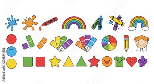 Primary art supplies and basic geometric shapes for kids