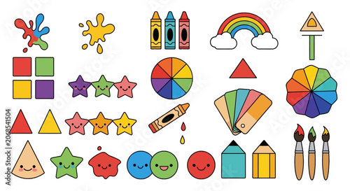 Colorful art supplies and basic geometric shapes for kids