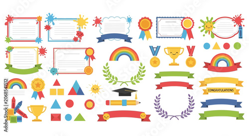 Colorful certificate templates and decorative achievement ribbons