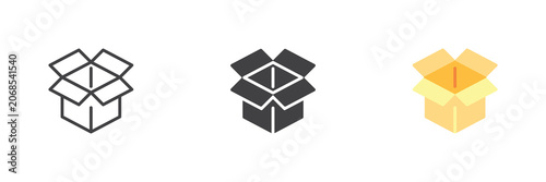 Open cardboard box icon set shows open cardboard box with flaps in line, solid and flat colorful icon styles; yellow color vector sign and symbol for packing.