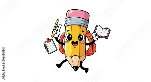 Happy pencil character with school supplies running to class