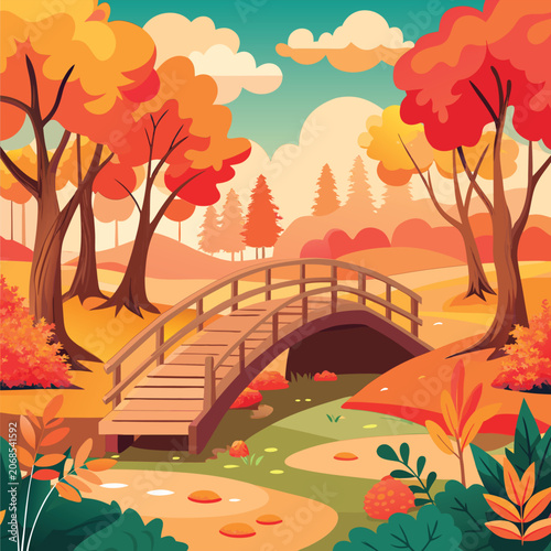 Autumnal park scene with wooden bridge.