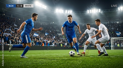 Blue Team Attacking During Professional Soccer Championship Match Broadcast