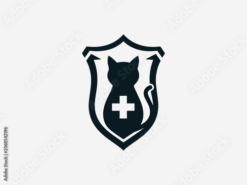 Cat Shield Medical Cross black vector logo illustration white background