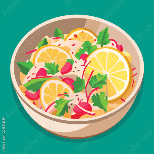 Colorful. vibrant vegetable salad in bowl.