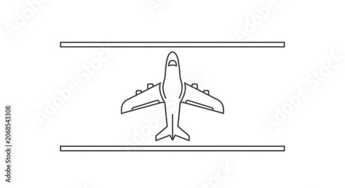 Airplane on Runway, Top View, Line Art Icon, Ready for Takeoff