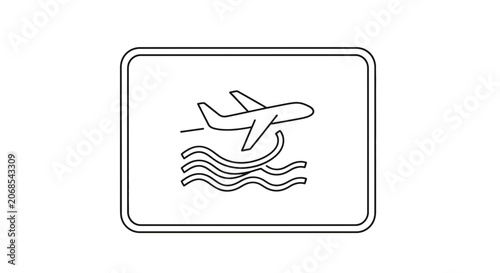 Airplane taking off from water, stylized icon on white background