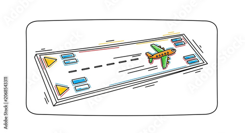 Airplane on runway, cartoon style, travel concept