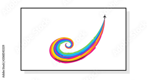Airplane Trail Swirls into Rainbow Spiral on White Background