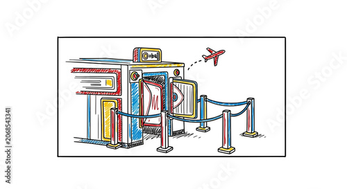 Airport Check-in Counter with Airplane Taking Off