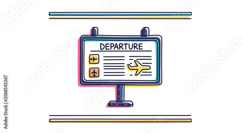 Airport departure board with airplane icons and flight information