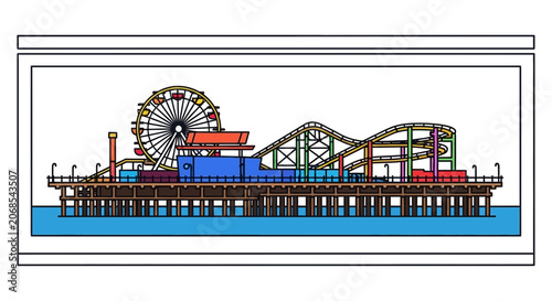 Amusement Park Pier with Roller Coaster and Ferris Wheel Over Water