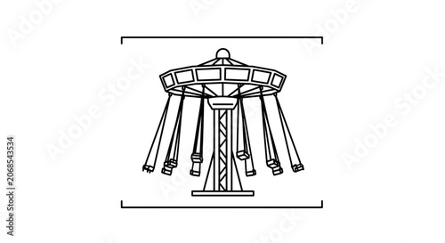 Amusement Park Swing Ride Attraction, Vintage Carousel Style, Line Art Illustration
