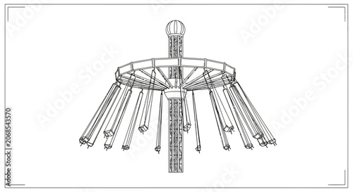 Amusement Ride Wireframe Drawing: Thrill Ride, Carnival Attraction, Entertainment