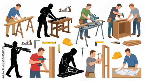 Bild auf Leinwand Professional vector collection featuring different carpenter character poses, cu