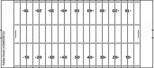 Professional American football field viewed from above with official yard markings, hash marks and end zones. Clean outline vector template suitable for sports strategy, coaching, infographics
