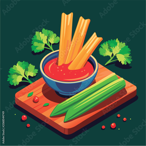 Celery sticks with spicy dipping sauce.