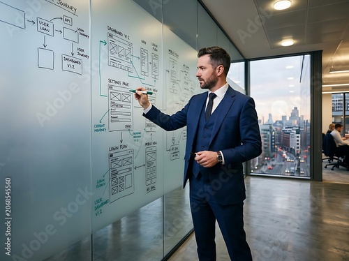 Businessman presenting strategy on glass wall in office.