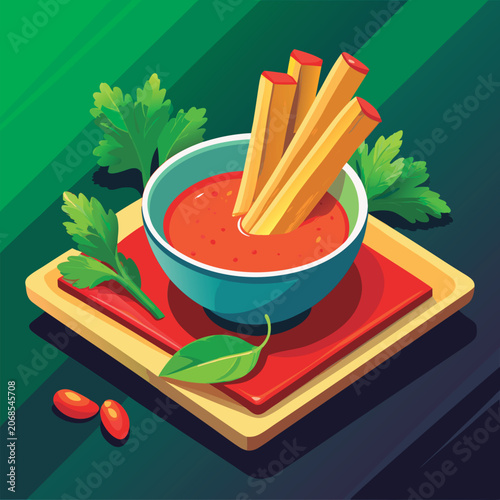 Spicy dipping sauce with sticks.