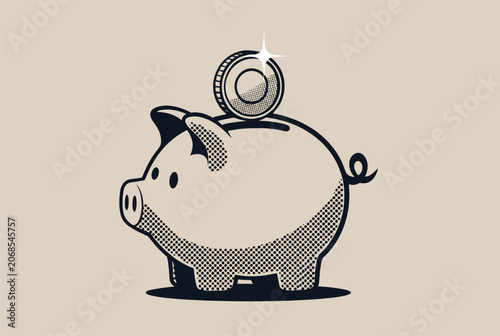 Halftone style illustration of a piggy bank with a single coin being deposited for savings and financial planning concepts.