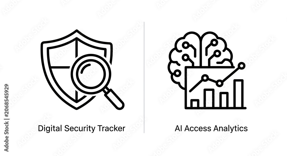 Fototapeta premium Digital security tracker and AI access analytics line icon collection