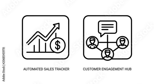 Automated sales tracker and customer engagement hub line icons with customer