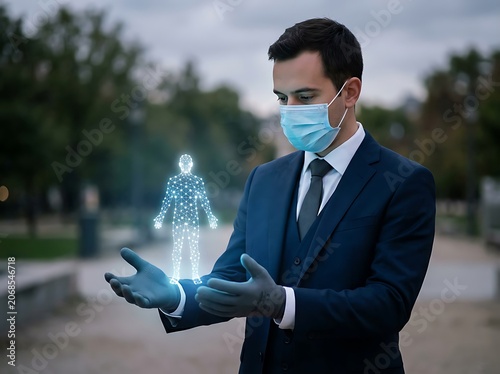 Businessman in suit using holographic medical interface outdoors.