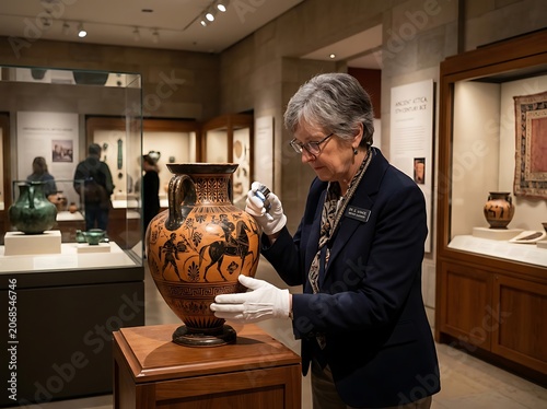 Curator examining ancient pottery in museum exhibit.