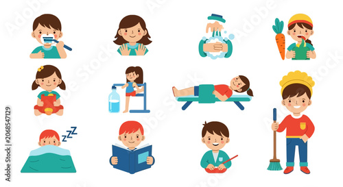 Children performing daily healthy habits and activities