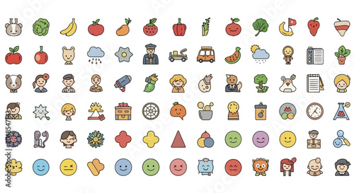 Diverse collection of colorful mini icons and emojis