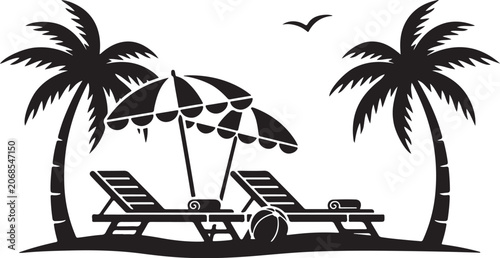 Black silhouette of beach scene with palm trees, lounge